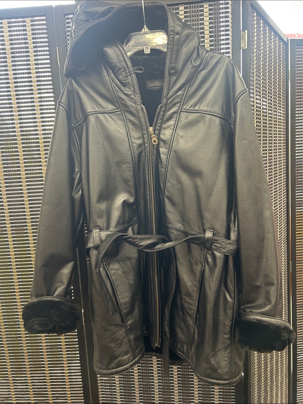 Wilsons Leather Black Hooded Belted Leather Coat with Fur-Trim Cuffs 2 XL